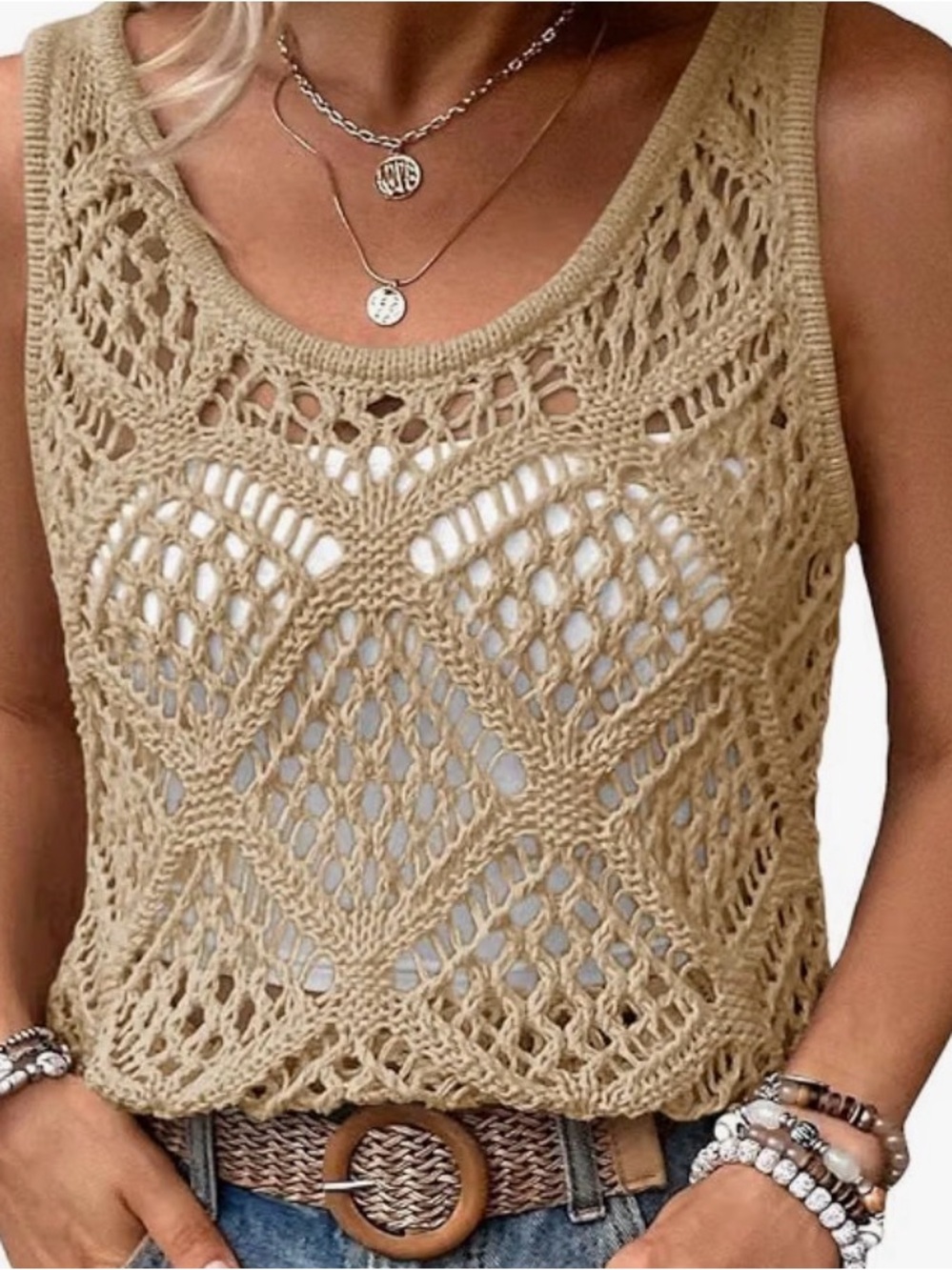 NWT Beige Crochet Knit Sleeveless Tank Top - Women's Lightweight Summer Top